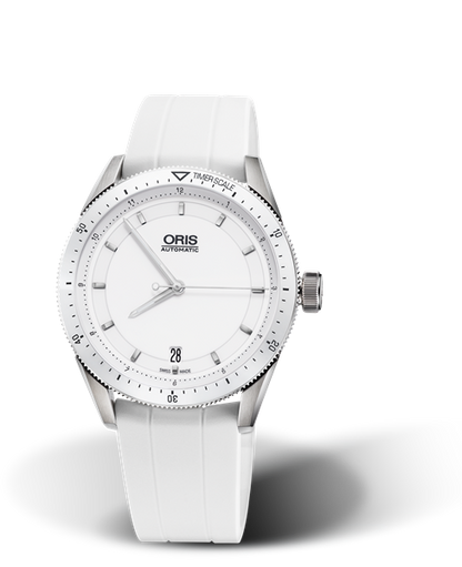 Artix GT Date, 37mm, White, Rubber Strap, Stainless steel screw-in security crown, Multi-piece stainless steel case, ceramic minutes scale top ring