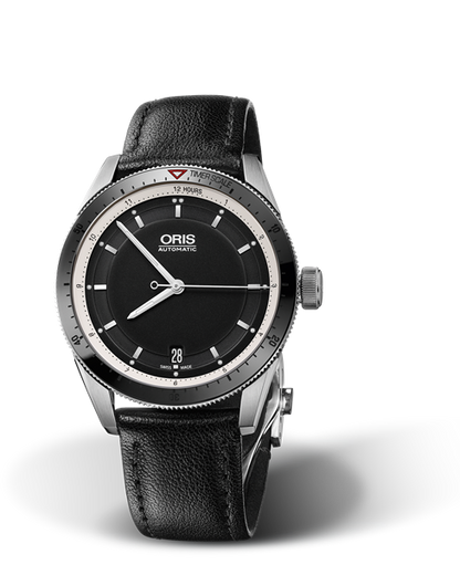Artix GT Date, 37mm, Black, Leather Strap, Stainless steel screw-in security crown, Multi-piece stainless steel case, ceramic minutes scale top ring
