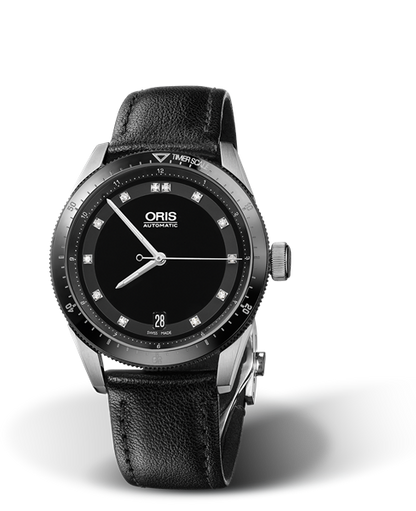 Artix GT Date, Diamonds, 37mm, Black, Leather Strap, Stainless steel screw-in security crown, Multi-piece stainless steel case, ceramic minutes scale top ring