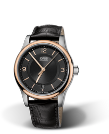 Classic Date, 37mm, Black, Leather Strap, Stainless steel crown, Multi-piece stainless steel case, rose gold PVD plated top ring