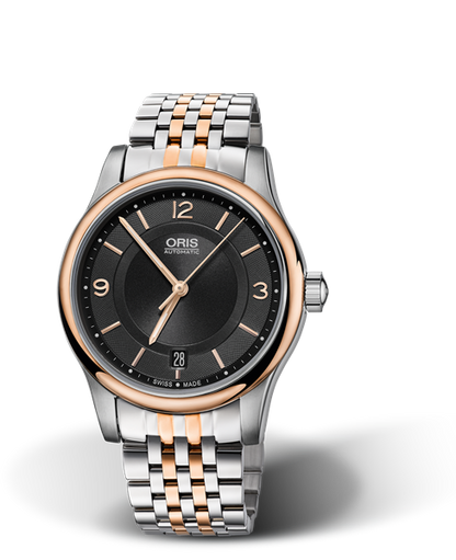 Classic Date, 37mm, Black, Stainless steel Strap, Stainless steel crown, Multi-piece stainless steel case, rose gold PVD plated top ring
