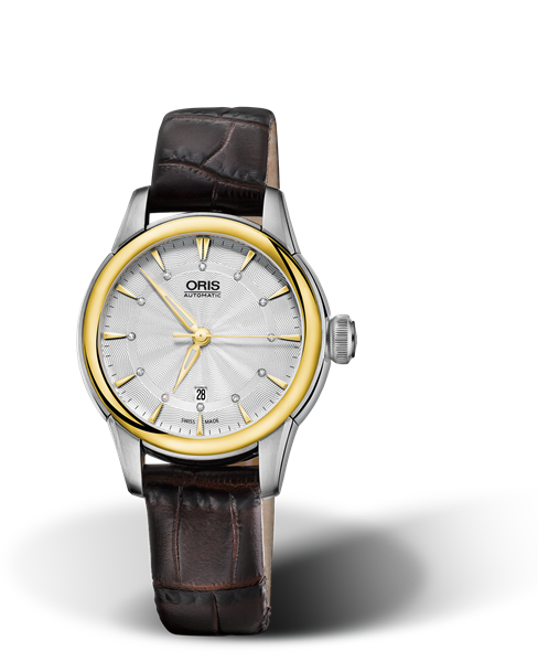 Artelier Date Diamonds, 31mm, Grey, Leather Strap, Stainless steel crown, Multi-piece stainless steel case, yellow gold PVD plated top ring