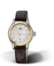 Artelier Date Diamonds, 31mm, Grey, Leather Strap, Stainless steel crown, Multi-piece stainless steel case, yellow gold PVD plated top ring