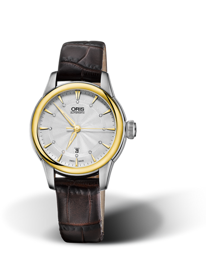 Artelier Date Diamonds, 31mm, Grey, Leather Strap, Stainless steel crown, Multi-piece stainless steel case, yellow gold PVD plated top ring