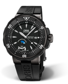 Hirondelle Limited Edition, 49.00 mm, Black, Rubber Strap, Stainless steel screw-in security crown, black plated, automatic Helium Valve, Multi-piece titanium case, grey plated, ceramic minutes scale top ring