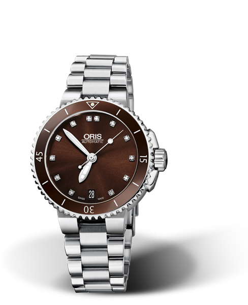 Aquis Date Diamonds, 36.00 mm, Brown, Stainless steel Strap, Stainless steel screw-in security crown, Multi-piece stainless steel case, ceramic minutes scale top ring