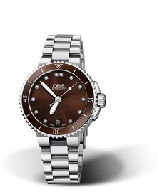 Aquis Date Diamonds, 36.00 mm, Brown, Stainless steel Strap, Stainless steel screw-in security crown, Multi-piece stainless steel case, ceramic minutes scale top ring