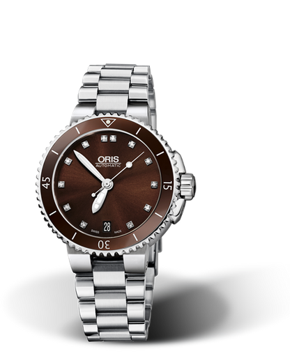Aquis Date Diamonds, 36.00 mm, Brown, Stainless steel Strap, Stainless steel screw-in security crown, Multi-piece stainless steel case, ceramic minutes scale top ring