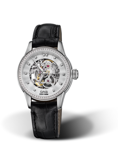 Artelier Skeleton Diamonds, 31mm, Grey, Leather Strap, Stainless steel crown, Multi-piece stainless steel case, set with 72 Top Wesselton G, VS 1 diamonds (0,324 ct.)