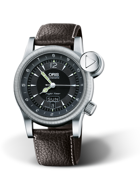 Flight TimerÂ² Day Date, 42mm, Black, Leather Strap, Stainless steel crown and vertical crown, Multi-piece stainless steel case