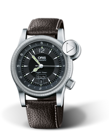 Flight TimerÂ² Day Date, 42mm, Black, Leather Strap, Stainless steel crown and vertical crown, Multi-piece stainless steel case