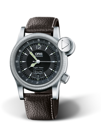 Flight TimerÂ² Day Date, 42mm, Black, Leather Strap, Stainless steel crown and vertical crown, Multi-piece stainless steel case