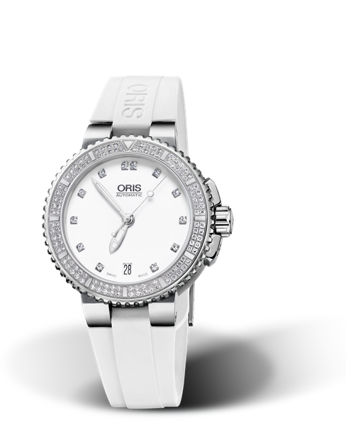 Aquis Date Diamonds, 36.00 mm, White, Rubber Strap, Stainless steel screw-in security crown, Multi-piece stainless steel case, minute scale top ring, set with 118 Top Wesselton, VS 1 diamonds (0,6315 ct.)