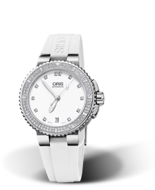 Aquis Date Diamonds, 36.00 mm, White, Rubber Strap, Stainless steel screw-in security crown, Multi-piece stainless steel case, minute scale top ring, set with 118 Top Wesselton, VS 1 diamonds (0,6315 ct.)