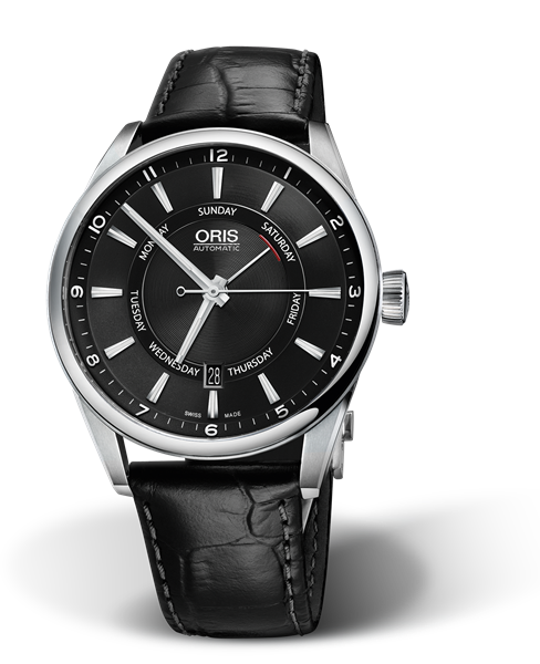 Artix Pointer Day, Date, 42mm, Black, Leather Strap, Stainless steel crown, Multi-piece stainless steel case