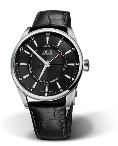 Artix Pointer Day, Date, 42mm, Black, Leather Strap, Stainless steel crown, Multi-piece stainless steel case