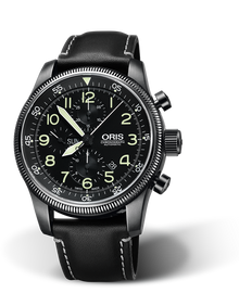 Big Crown Timer Chronograph, 46mm, Black, Leather Strap, Stainless steel screw-in security crown and pushers, grey PVD plated, Multi-piece stainless steel case, grey PVD plated