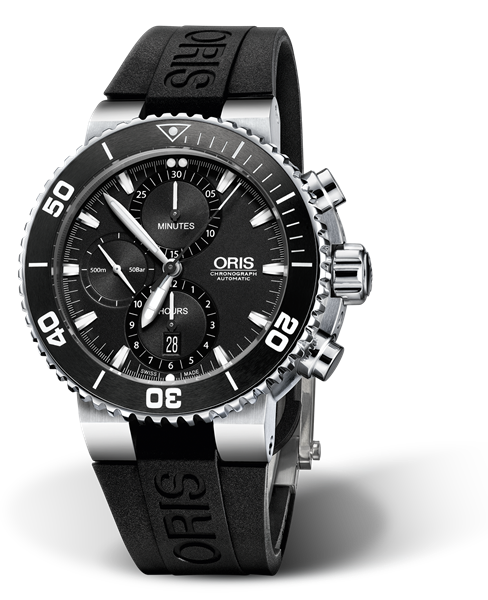 Aquis Chronograph, 46.00 mm, Black, Rubber Strap, Stainless steel screw-in security crown and pushers, Multi-piece stainless steel case, ceramic minutes scale top ring