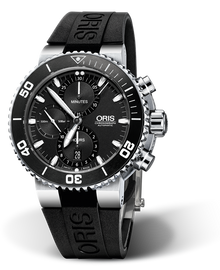 Aquis Chronograph, 46.00 mm, Black, Rubber Strap, Stainless steel screw-in security crown and pushers, Multi-piece stainless steel case, ceramic minutes scale top ring
