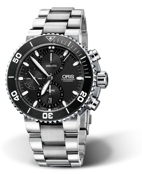 Aquis Chronograph, 46.00 mm, Black, Stainless steel Strap, Stainless steel screw-in security crown and pushers, Multi-piece stainless steel case, ceramic minutes scale top ring