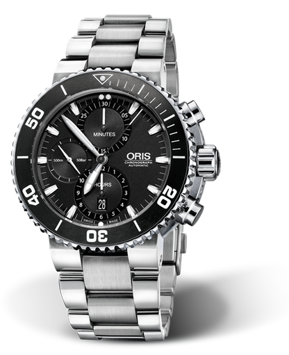 Aquis Chronograph, 46.00 mm, Black, Stainless steel Strap, Stainless steel screw-in security crown and pushers, Multi-piece stainless steel case, ceramic minutes scale top ring