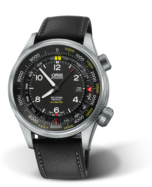 Big Crown ProPilot Altimeter with Feet Scale, 47mm, Black, Leather Strap, Stainless steel screw-in security crown, Multi-piece stainless steel case