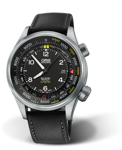 Big Crown ProPilot Altimeter with Feet Scale, 47mm, Black, Leather Strap, Stainless steel screw-in security crown, Multi-piece stainless steel case