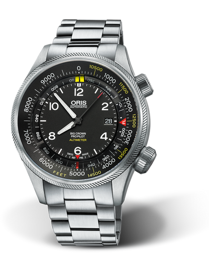 Big Crown ProPilot Altimeter with Feet Scale, 47mm, Black, Stainless steel Strap, Stainless steel screw-in security crown, Multi-piece stainless steel case