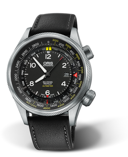 Big Crown ProPilot Altimeter with Meter Scale, 47mm, Black, Leather Strap, Stainless steel screw-in security crown, Multi-piece stainless steel case