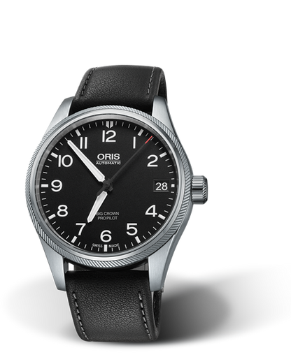 Big Crown ProPilot Big Date, 41.00 mm, Black, Leather Strap, Stainless steel screw-in security crown, Multi-piece stainless steel case