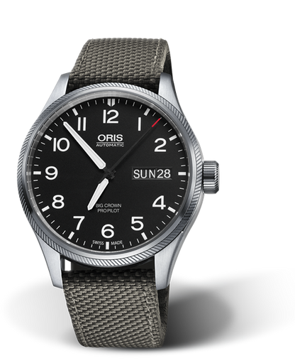 Big Crown ProPilot Big Day Date, 45mm, Black, Textile Strap, Stainless steel screw-in security crown, Multi-piece stainless steel case