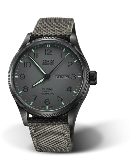 Air Racing Edition IV, 45mm, Grey, Textile Strap, Stainless steel screw-in security crown, black DLC plated, Multi-piece stainless steel case, black DLC plated