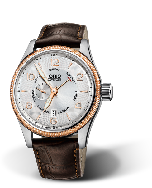 Big Crown Small Second, Pointer Day, 44mm, Grey, Leather Strap, Stainless steel screw-in security crown, Multi-piece stainless steel case, rose gold PVD plated top ring