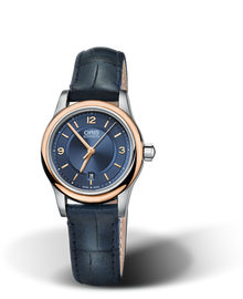 Classic Date, 28.50mm, Blue, Leather Strap, Stainless steel crown, Multi-piece stainless steel case, rose gold PVD plated top ring