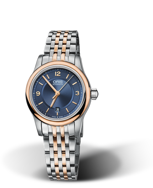 Classic Date, 28.50mm, Blue, Stainless steel Strap, Stainless steel crown, Multi-piece stainless steel case, rose gold PVD plated top ring