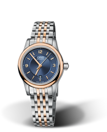 Classic Date, 28.50mm, Blue, Stainless steel Strap, Stainless steel crown, Multi-piece stainless steel case, rose gold PVD plated top ring