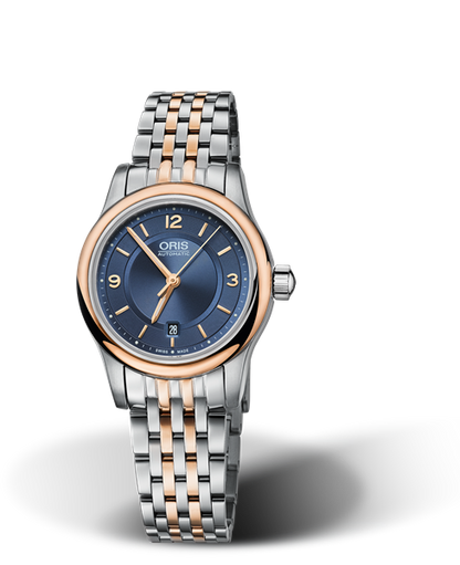 Classic Date, 28.50mm, Blue, Stainless steel Strap, Stainless steel crown, Multi-piece stainless steel case, rose gold PVD plated top ring
