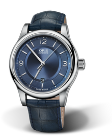 Classic Date, 42mm, Blue, Leather Strap, Stainless steel crown, Multi-piece stainless steel case