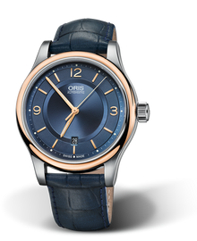 Classic Date, 42mm, Blue, Leather Strap, Stainless steel crown, Multi-piece stainless steel case, rose gold PVD plated top ring