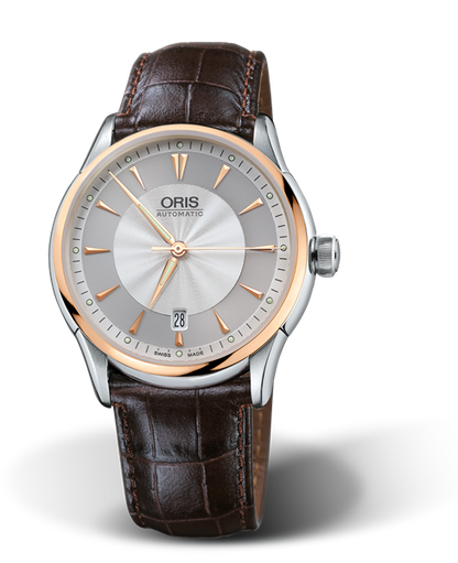 Artelier Date, 40mm, Grey, Leather Strap, Stainless steel crown, Multi-piece stainless steel case, 18K rose gold top ring