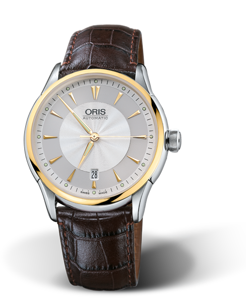 Artelier Date, 40mm, Grey, Leather Strap, Stainless steel crown, Multi-piece stainless steel case, yellow gold PVD plated top ring
