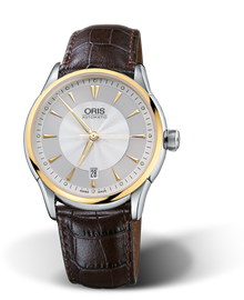 Artelier Date, 40mm, Grey, Leather Strap, Stainless steel crown, Multi-piece stainless steel case, yellow gold PVD plated top ring