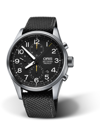 Big Crown ProPilot Chronograph, 44mm, Black, Textile Strap, Stainless steel screw-in security crown, Multi-piece stainless steel case