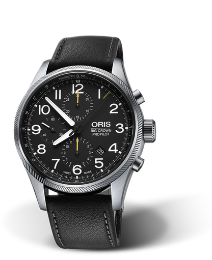 Big Crown ProPilot Chronograph, 44mm, Black, Leather Strap, Stainless steel screw-in security crown, Multi-piece stainless steel case