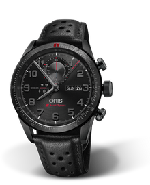 Audi Sport Limited Edition II, 44mm, Black, Leather Strap, Stainless steel screw-in security crown and pushers, black DLC plated, Multi-piece titanium case, black DLC plated, ceramic minutes scale top ring