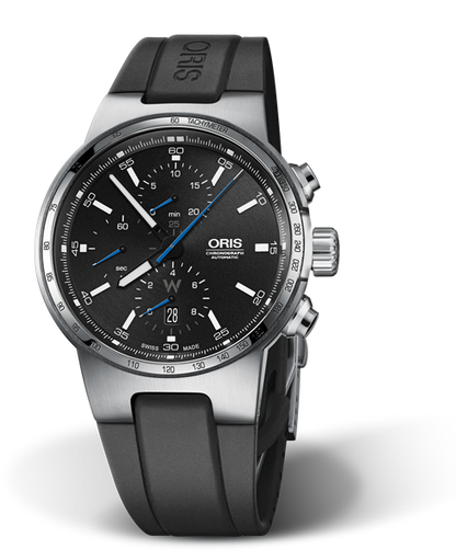 Williams Chronograph, 44mm, Black, Rubber Strap, Stainless steel crown and pushers, Multi-piece stainless steel case, tachymeter scale top ring