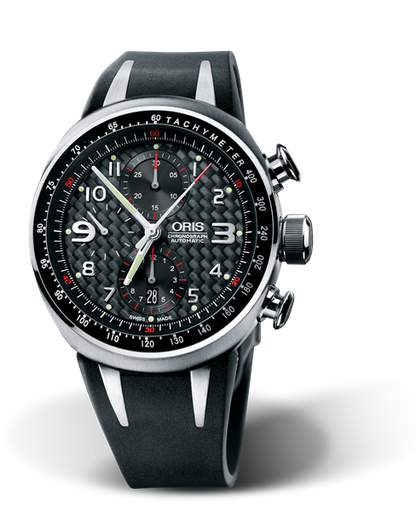 TT3 Chronograph, 42.50mm, Black, Rubber Strap, Stainless steel Oris Quick Lock security crown and pushers, Multi-piece titanium case, tachymeter scale top ring