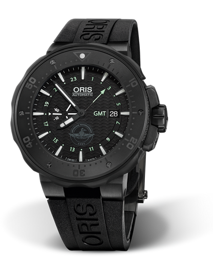 Force Recon GMT, 49.00 mm, Black, Rubber Strap, Stainless steel screw-in security crown, black plated, Multi-piece titanium case, black plated, ceramic minutes scale top ring
