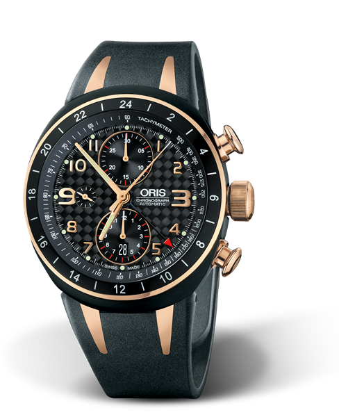TT3 Chronograph, Second Time Zone, 42.50mm, Black, Rubber Strap, Stainless steel, rose gold plated Oris Quick Lock security crown and pushers, Multi-piece titanium case, black plated, 24 hour scale top ring