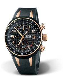 TT3 Chronograph, Second Time Zone, 42.50mm, Black, Rubber Strap, Stainless steel, rose gold plated Oris Quick Lock security crown and pushers, Multi-piece titanium case, black plated, 24 hour scale top ring